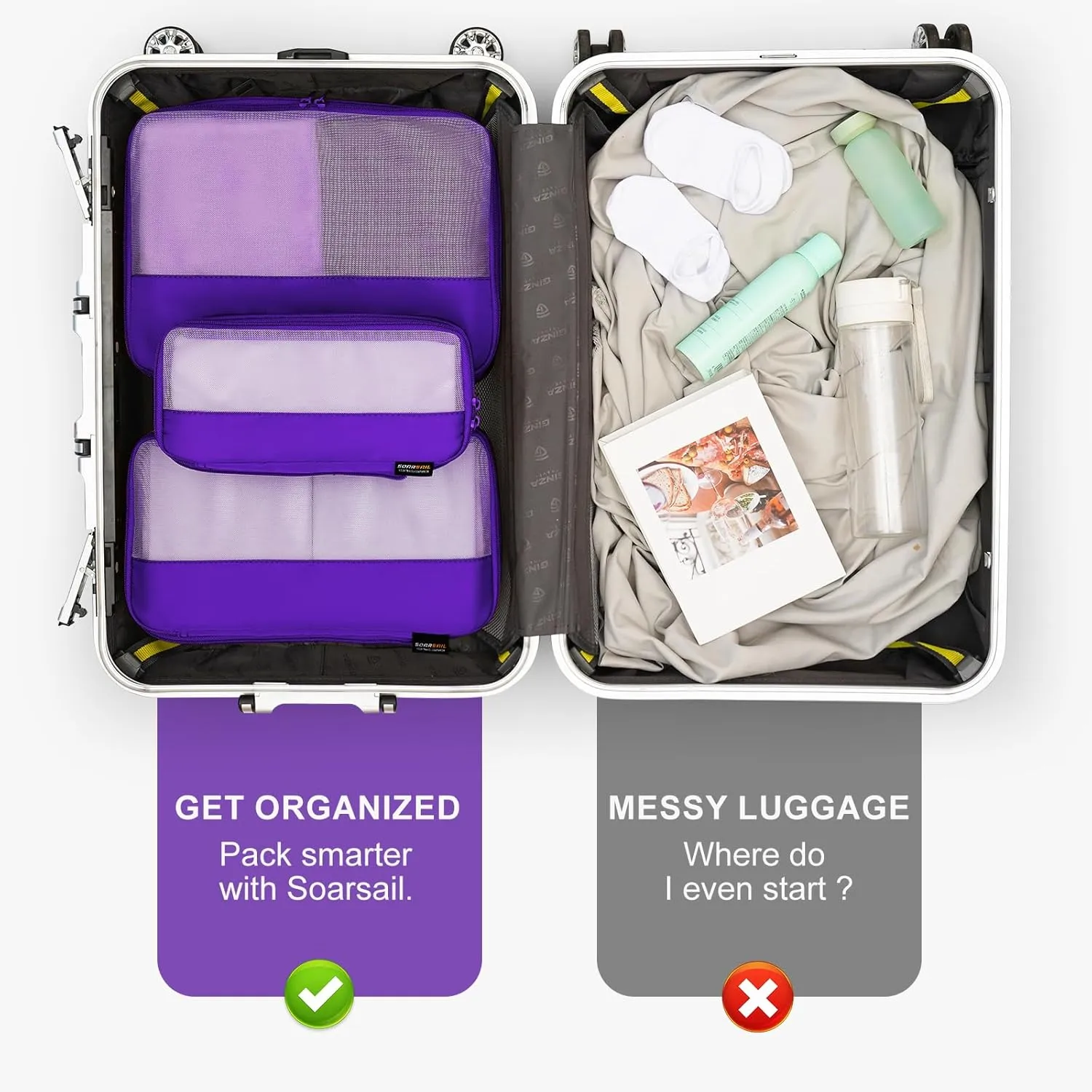 6 Set Compression Packing Cubes for Travel Essentials, Luggage Organizers for Carry on Suitcases, Space Saving Storage Bags (Bright Purple)