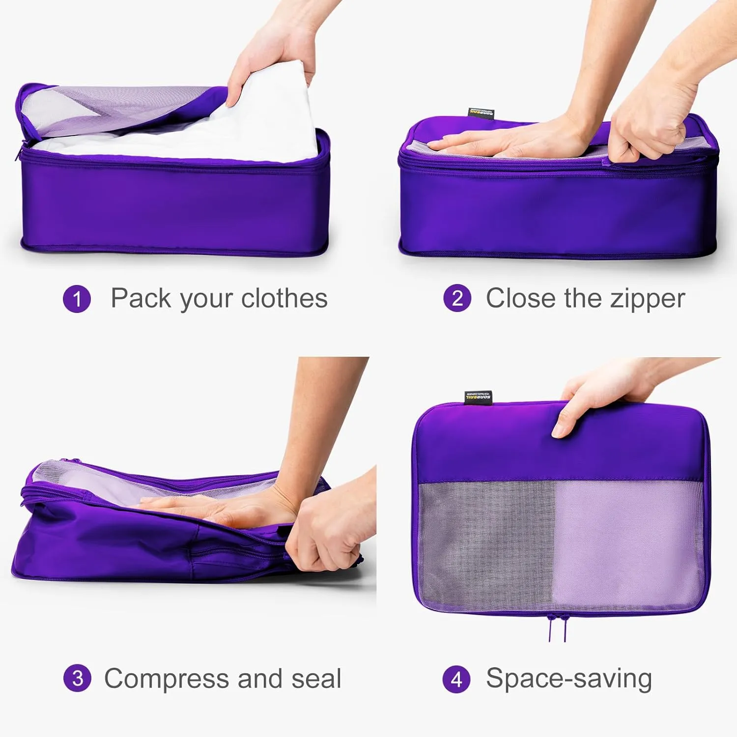 6 Set Compression Packing Cubes for Travel Essentials, Luggage Organizers for Carry on Suitcases, Space Saving Storage Bags (Bright Purple)