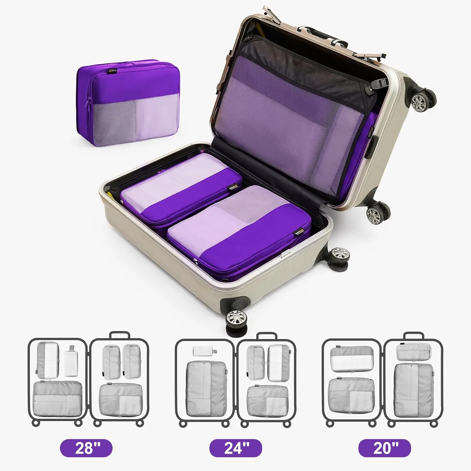 6 Set Compression Packing Cubes for Travel Essentials, Luggage Organizers for Carry on Suitcases, Space Saving Storage Bags (Bright Purple)