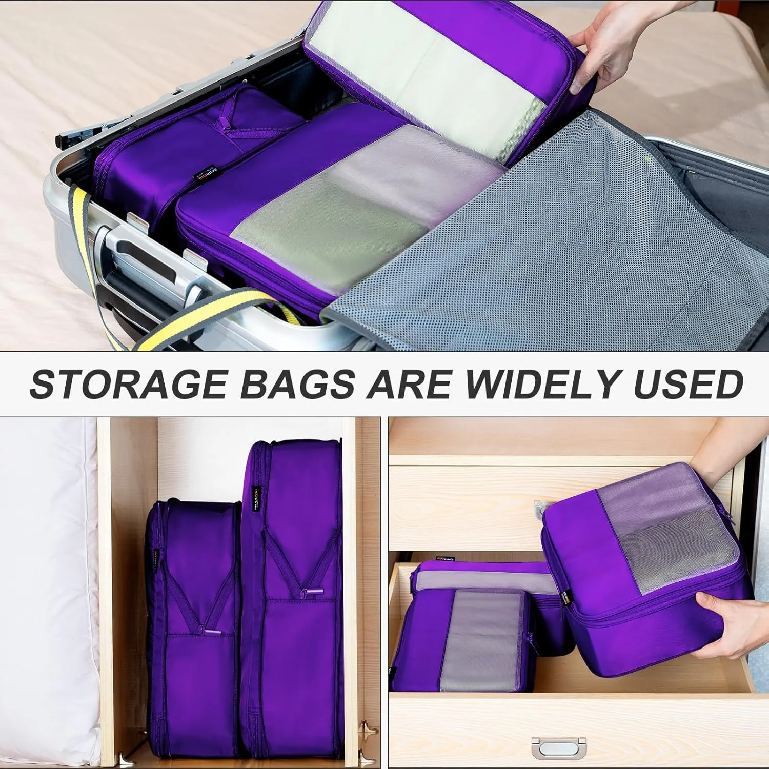 6 Set Compression Packing Cubes for Travel Essentials, Luggage Organizers for Carry on Suitcases, Space Saving Storage Bags (Bright Purple)