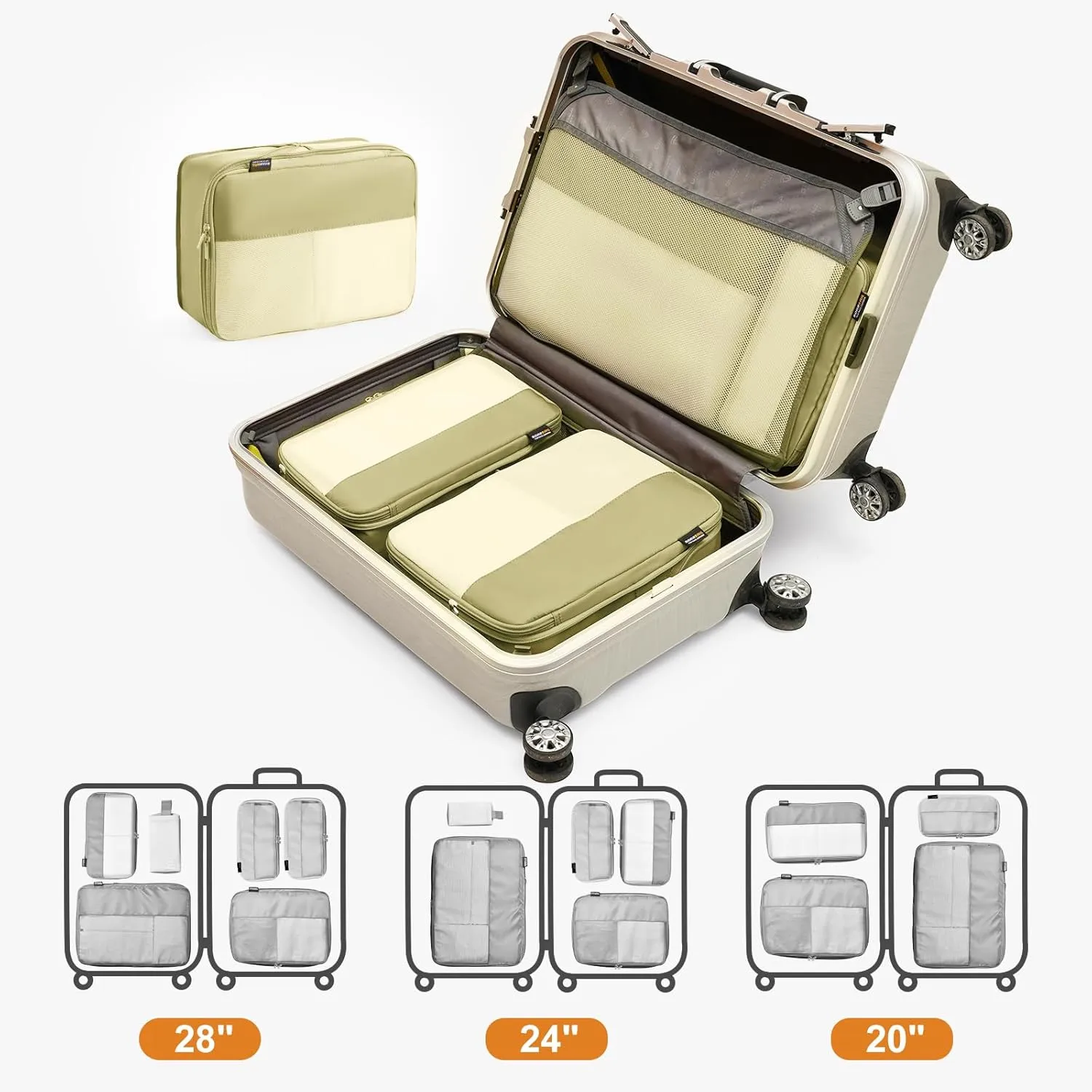 6 Set Compression Packing Cubes for Travel Essentials, Luggage Organizers for Carry on Suitcases, Space Saving Storage Bags (Bright Yellow)