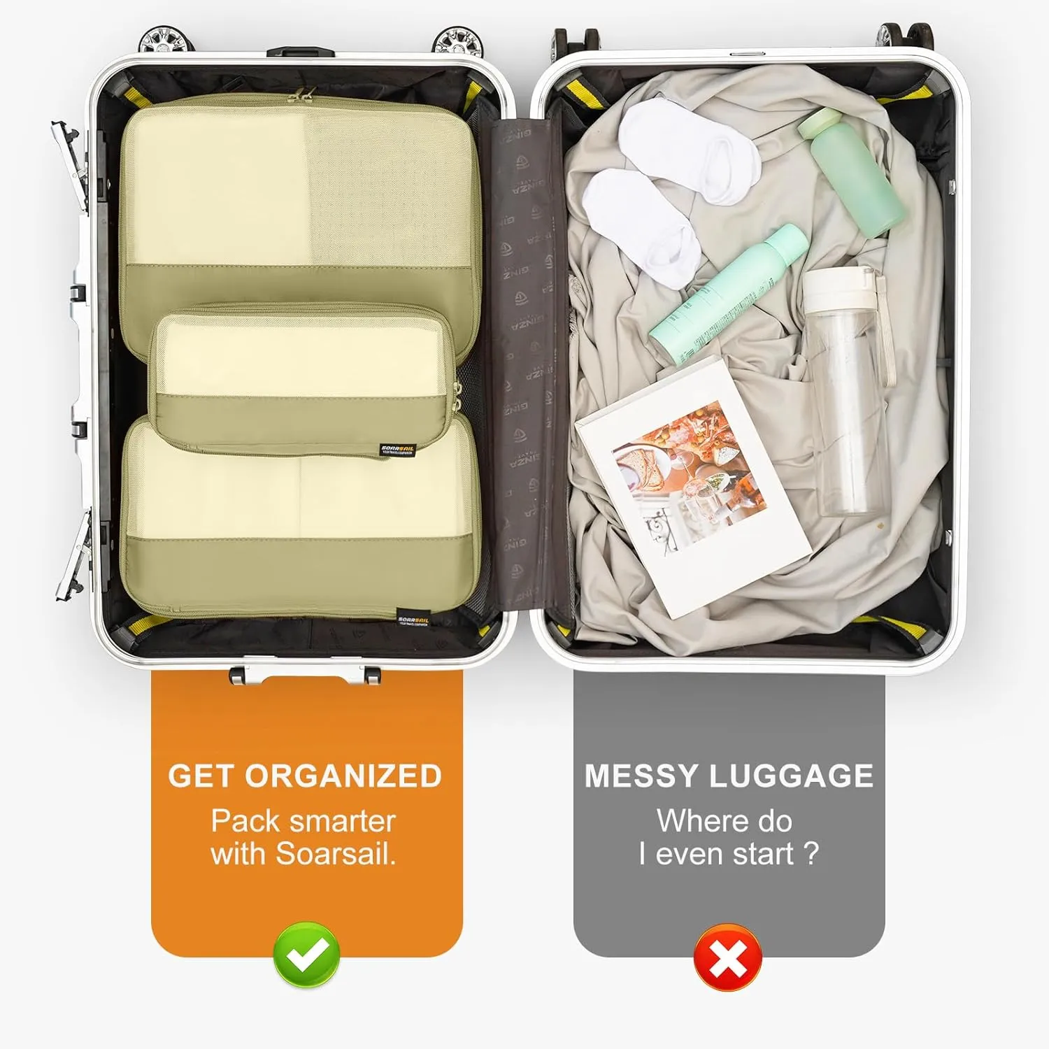 6 Set Compression Packing Cubes for Travel Essentials, Luggage Organizers for Carry on Suitcases, Space Saving Storage Bags (Bright Yellow)