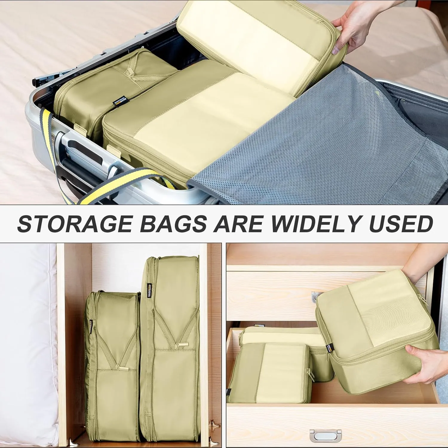 6 Set Compression Packing Cubes for Travel Essentials, Luggage Organizers for Carry on Suitcases, Space Saving Storage Bags (Bright Yellow)