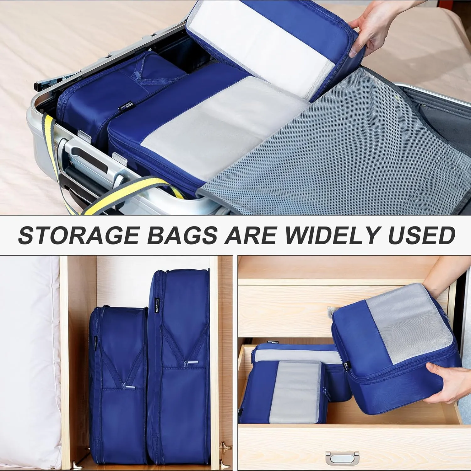 6 Set Compression Packing Cubes for Travel Essentials, Luggage Organizers for Carry on Suitcases, Space Saving Storage Bags (Dark Blue)