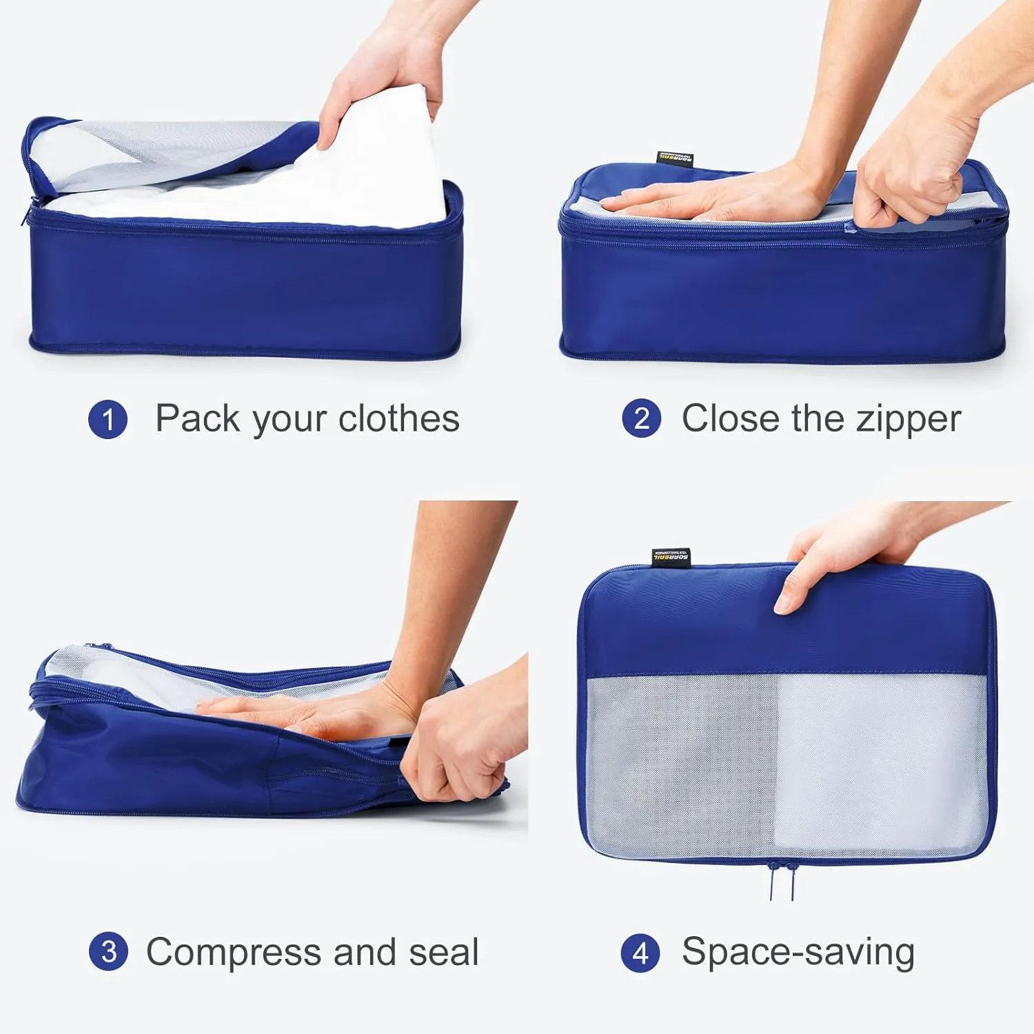 6 Set Compression Packing Cubes for Travel Essentials, Luggage Organizers for Carry on Suitcases, Space Saving Storage Bags (Dark Blue)