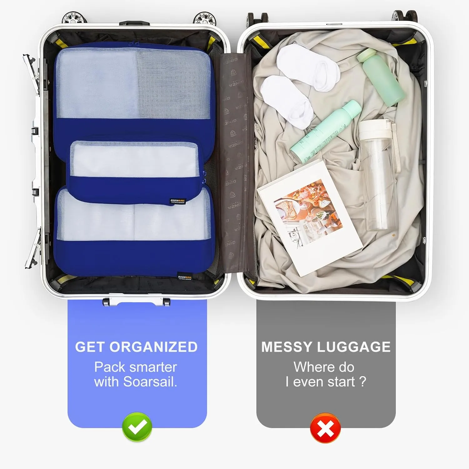 6 Set Compression Packing Cubes for Travel Essentials, Luggage Organizers for Carry on Suitcases, Space Saving Storage Bags (Dark Blue)