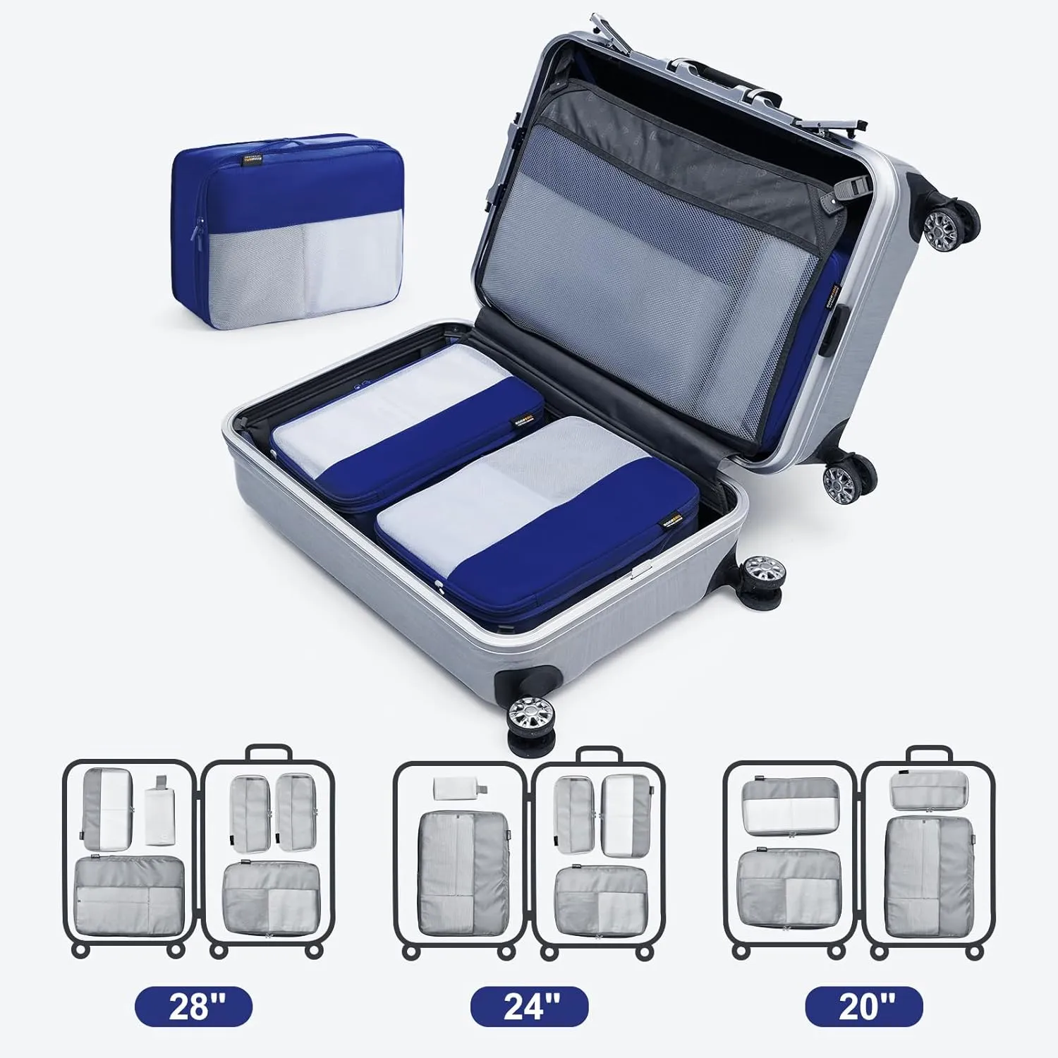 6 Set Compression Packing Cubes for Travel Essentials, Luggage Organizers for Carry on Suitcases, Space Saving Storage Bags (Dark Blue)