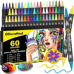 60 Colors Dual Tip Acrylic Paint Pens, Premium Acrylic Paint Markers with Brush and Fine Tip, Pens and Markers for Rock Painting, Wood, Canvas, Glass & Ceramic Surfaces