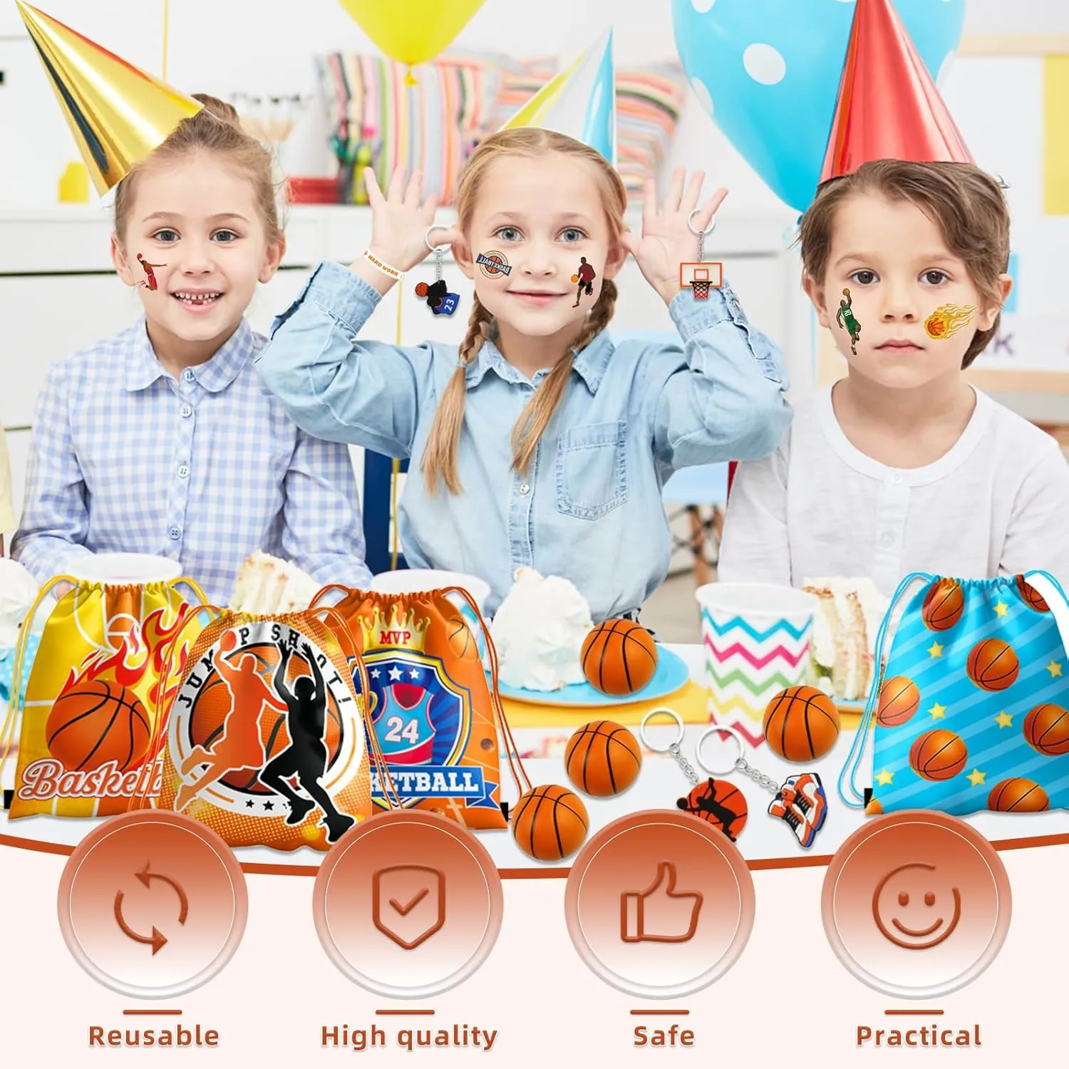 60PCS Basketball Party Favors, Basketball Goodie Bags for Boys Includes 12PCS Basketball Drawstring Bags Bracelet Keychain Tattoo Stickers Mini Basketball for Basketball Birthday Party Supplies