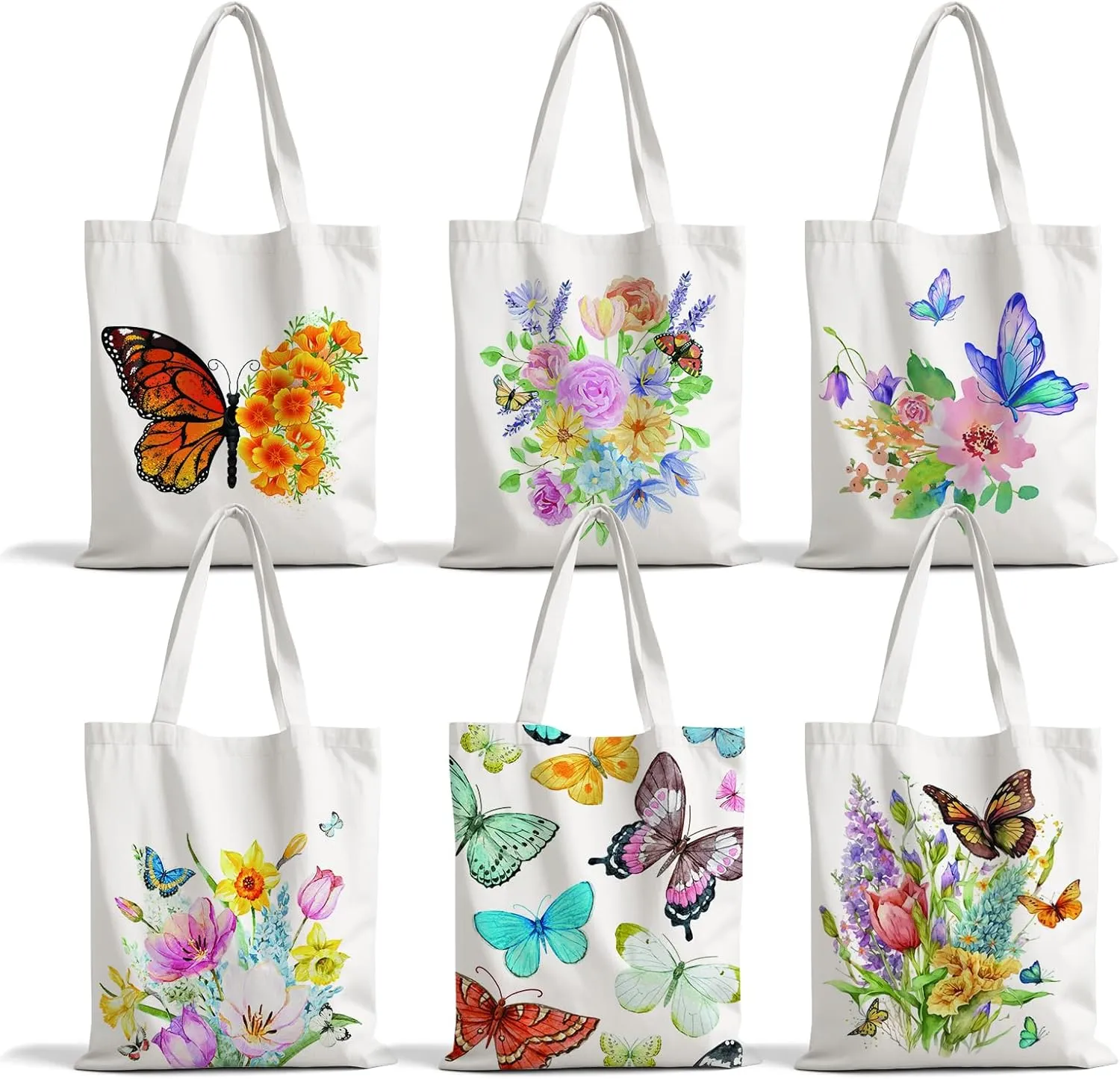 6PCS Flower Butterfly Canvas Tote Bags 15"x13" Spring Flower Goodie Grocery Luggage Canvas Tote Bulk for Kids Birthday Party Candy Shopping Bags Spring Theme Baby Shower Birthday Party Supplies