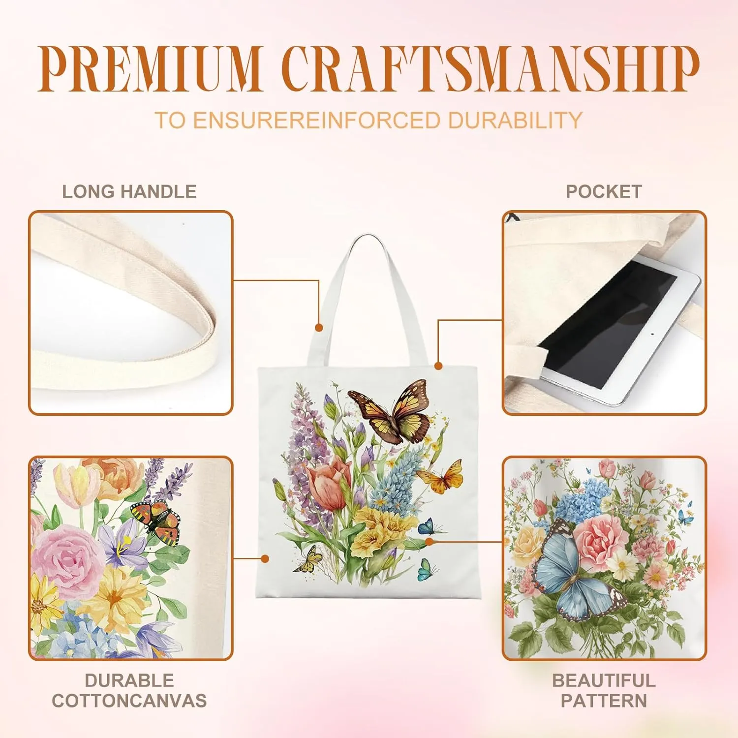 6PCS Flower Butterfly Canvas Tote Bags 15"x13" Spring Flower Goodie Grocery Luggage Canvas Tote Bulk for Kids Birthday Party Candy Shopping Bags Spring Theme Baby Shower Birthday Party Supplies