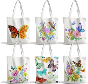 6PCS Flower Butterfly Canvas Tote Bags 15"x13" Spring Flower Goodie Grocery Luggage Canvas Tote Bulk for Kids Birthday Party Candy Shopping Bags Spring Theme Baby Shower Birthday Party Supplies