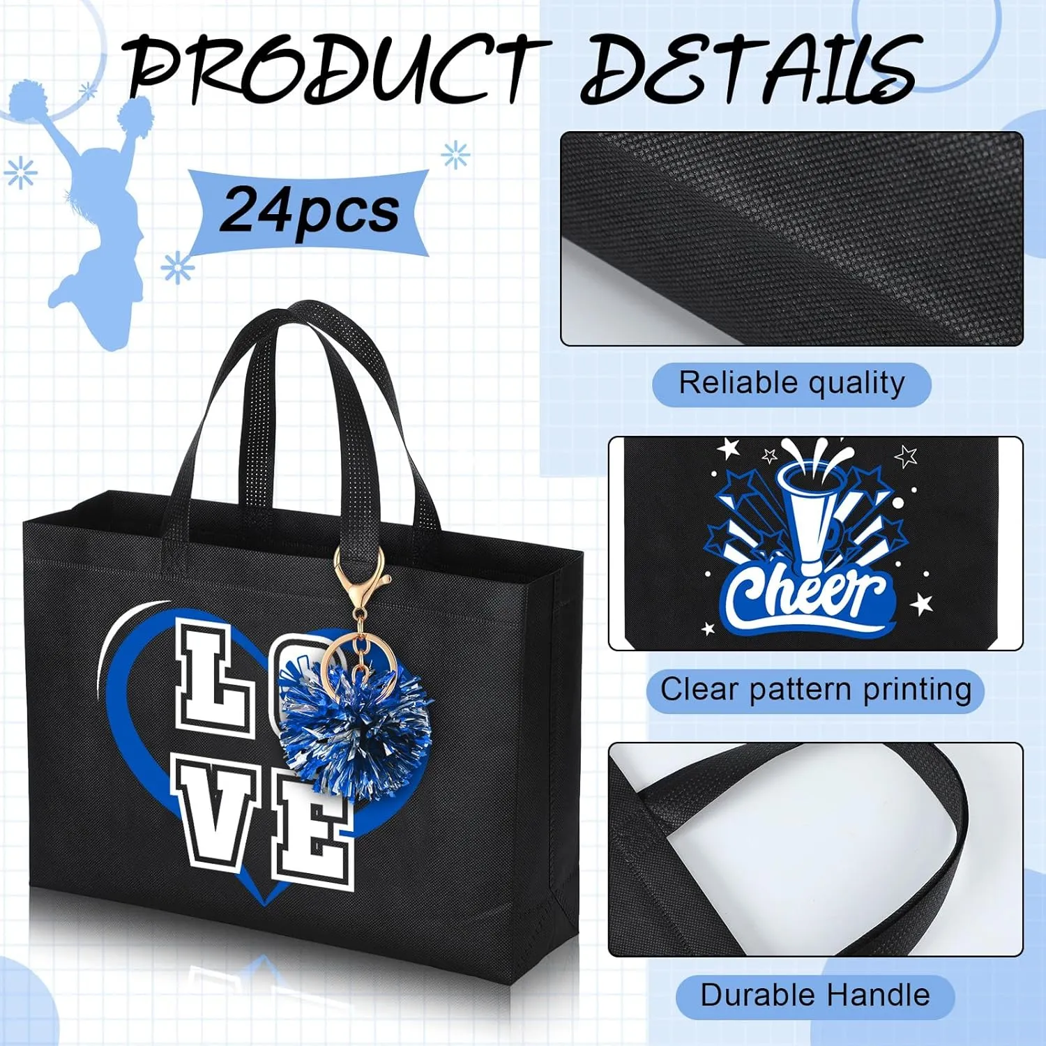 72 Pcs Cheerleading Gifts 24 Cheer Bags Portable 24 Pom Pom Keychain 24 Cheerleading Bracelet Canvas Cheerleading Makeup Bag Bulk Cheer Gifts Female Teammates Toiletries Accessories(Blue)
