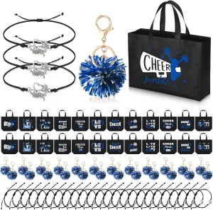 72 Pcs Cheerleading Gifts 24 Cheer Bags Portable 24 Pom Pom Keychain 24 Cheerleading Bracelet Canvas Cheerleading Makeup Bag Bulk Cheer Gifts Female Teammates Toiletries Accessories(Blue)