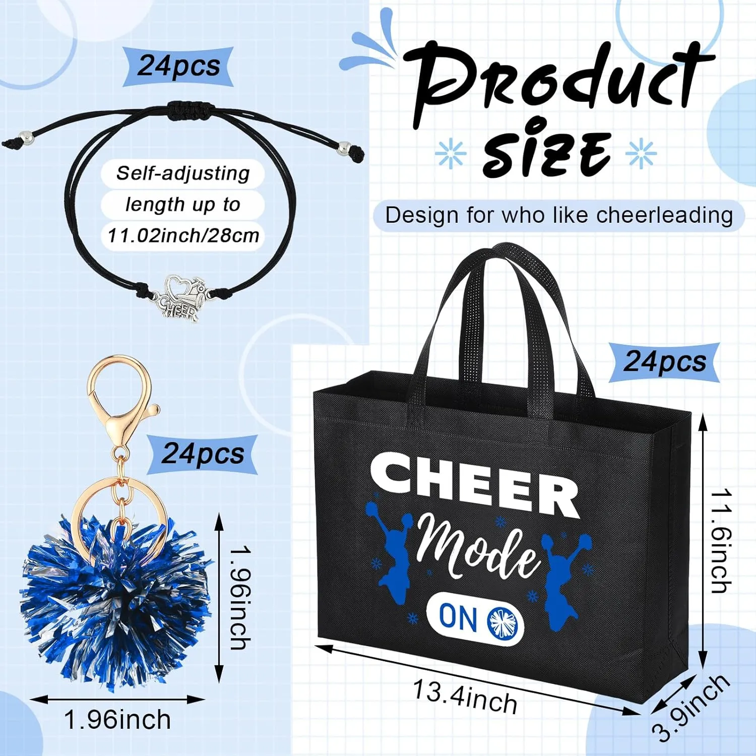 72 Pcs Cheerleading Gifts 24 Cheer Bags Portable 24 Pom Pom Keychain 24 Cheerleading Bracelet Canvas Cheerleading Makeup Bag Bulk Cheer Gifts Female Teammates Toiletries Accessories(Blue)