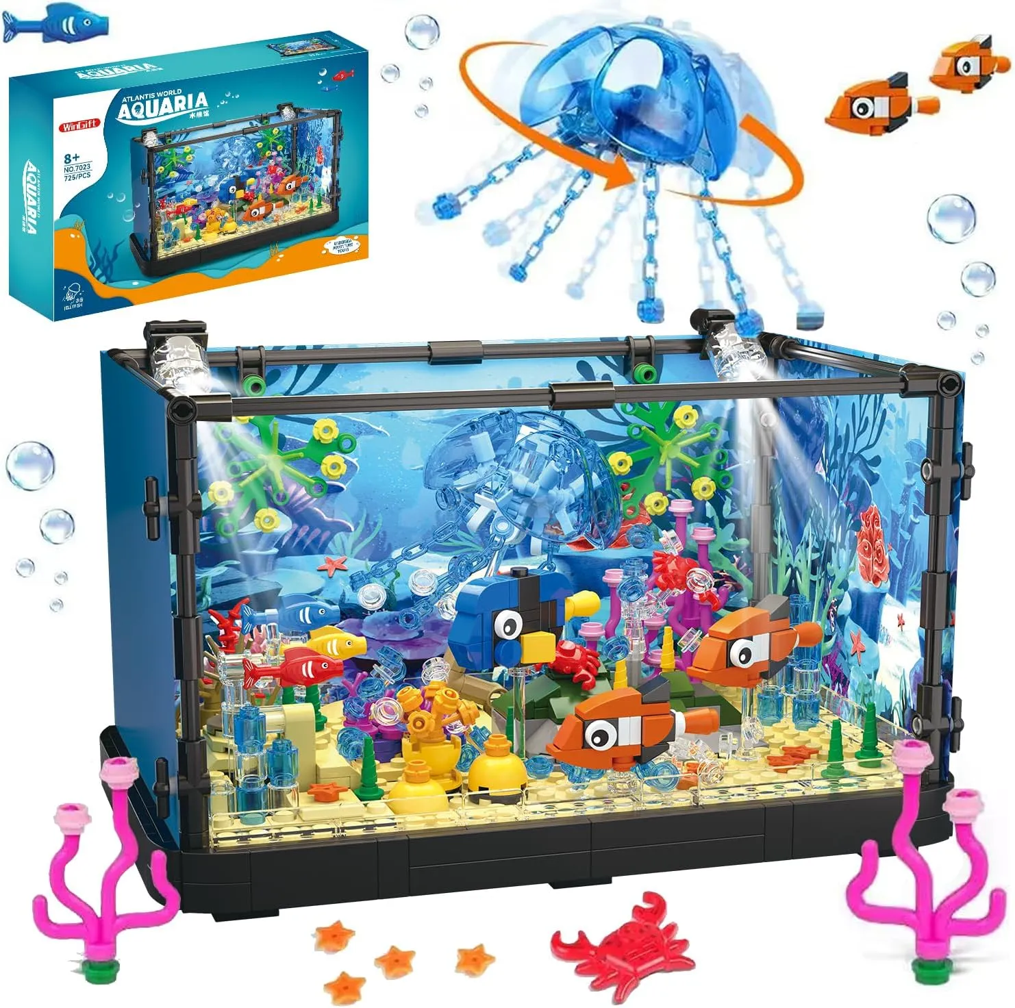 725 Piece Fish Tank Building Block Set,Movable Lighting Aquarium Building Toy for Adults and Kids,Including Ocean Jellyfish,Crab,Fish,Animal,Christmas Birthday Gifts for Boys Girls Ages 8-12 