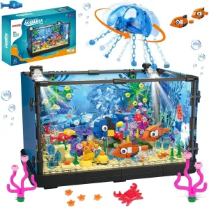 725 Piece Fish Tank Building Block Set,Movable Lighting Aquarium Building Toy for Adults and Kids,Including Ocean Jellyfish,Crab,Fish,Animal,Christmas Birthday Gifts for Boys Girls Ages 8-12 