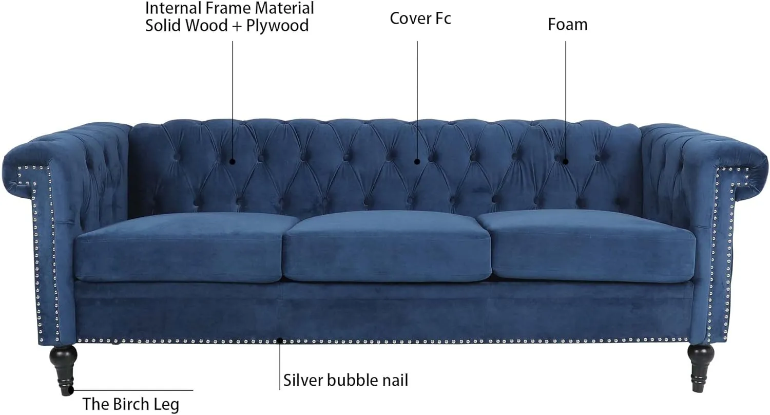 82.5" Blue Modern Couch Traditional Square Arm 3 Seater Sofa with Removable Cushion