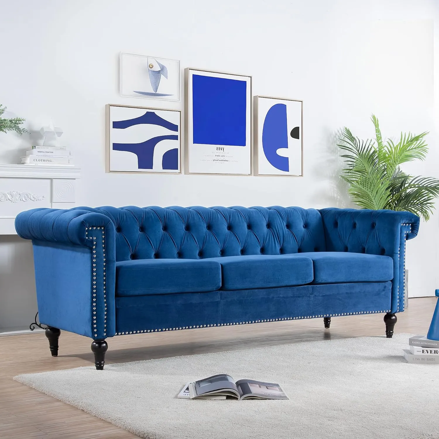 82.5" Blue Modern Couch Traditional Square Arm 3 Seater Sofa with Removable Cushion