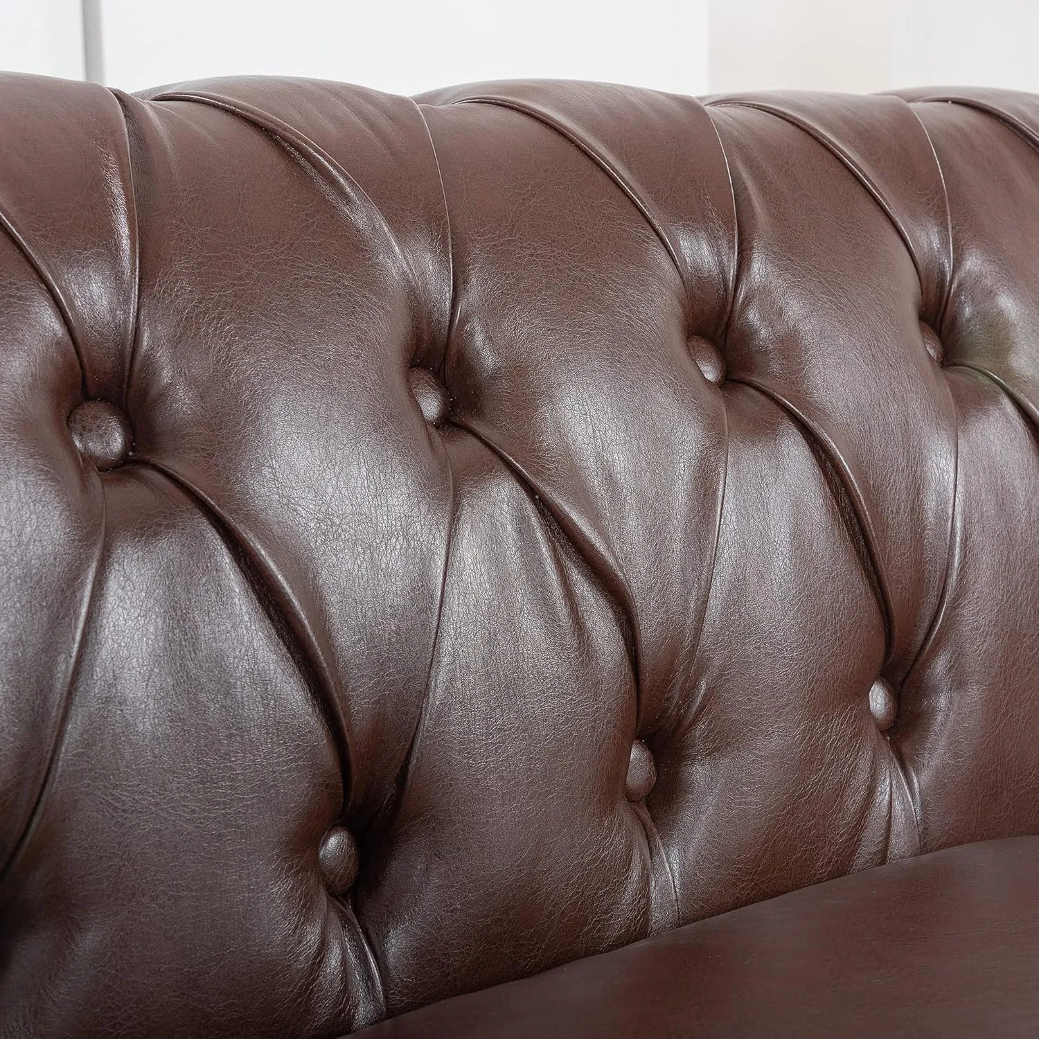 84" PU Rolled Arm Chesterfield 3 Seater Sofa Dark Brown, Mid Century Modern Couch for Small Spaces