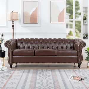 84" PU Rolled Arm Chesterfield 3 Seater Sofa Dark Brown, Mid Century Modern Couch for Small Spaces