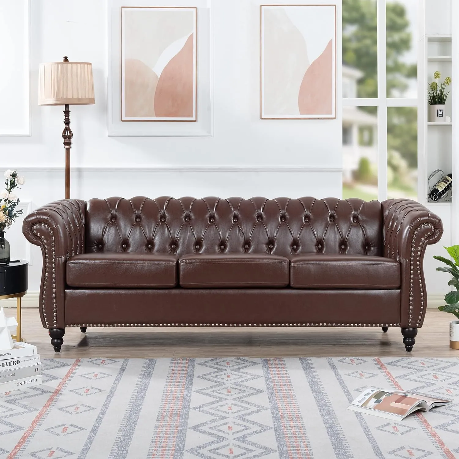 84" PU Rolled Arm Chesterfield 3 Seater Sofa Dark Brown, Mid Century Modern Couch for Small Spaces