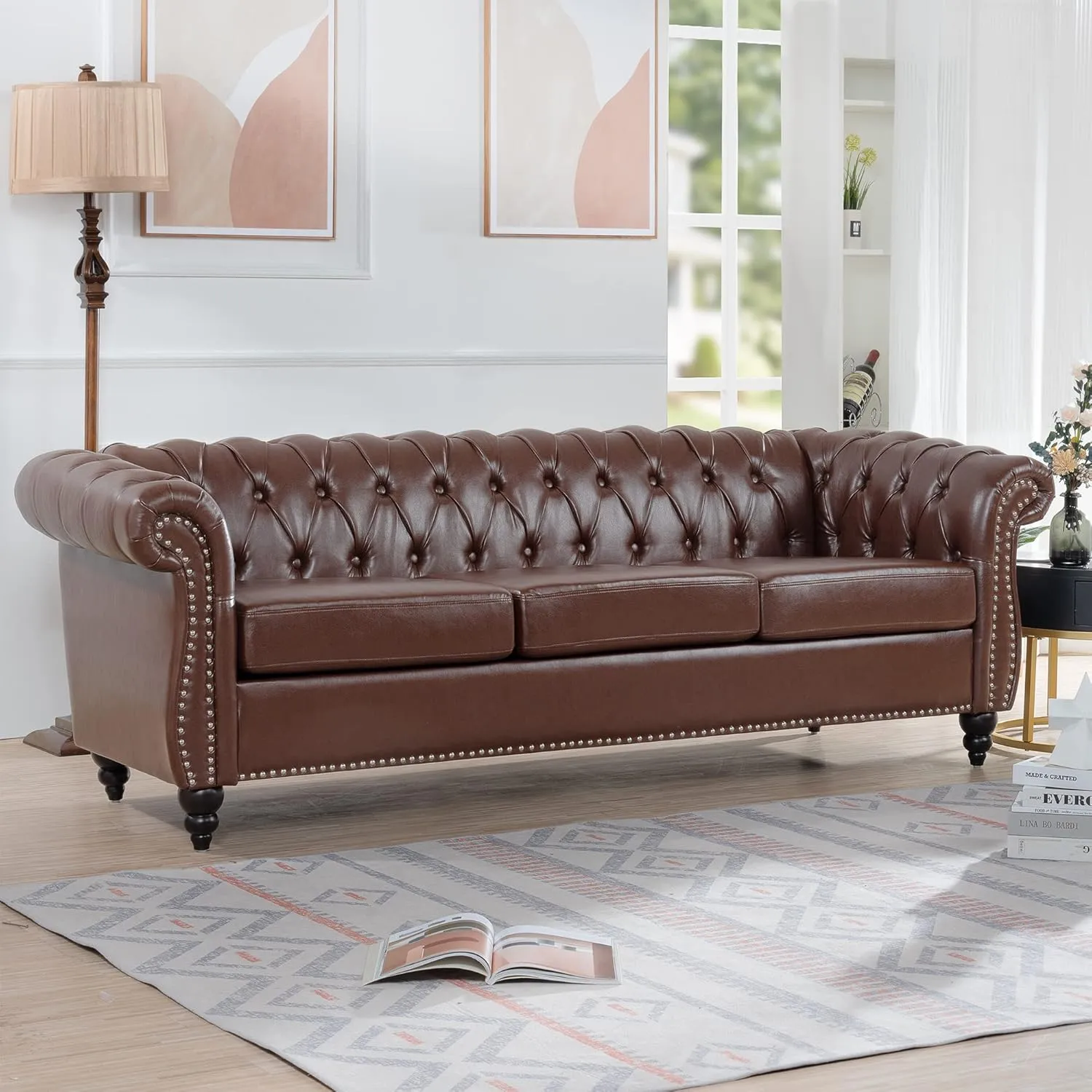 84" PU Rolled Arm Chesterfield 3 Seater Sofa Dark Brown, Mid Century Modern Couch for Small Spaces