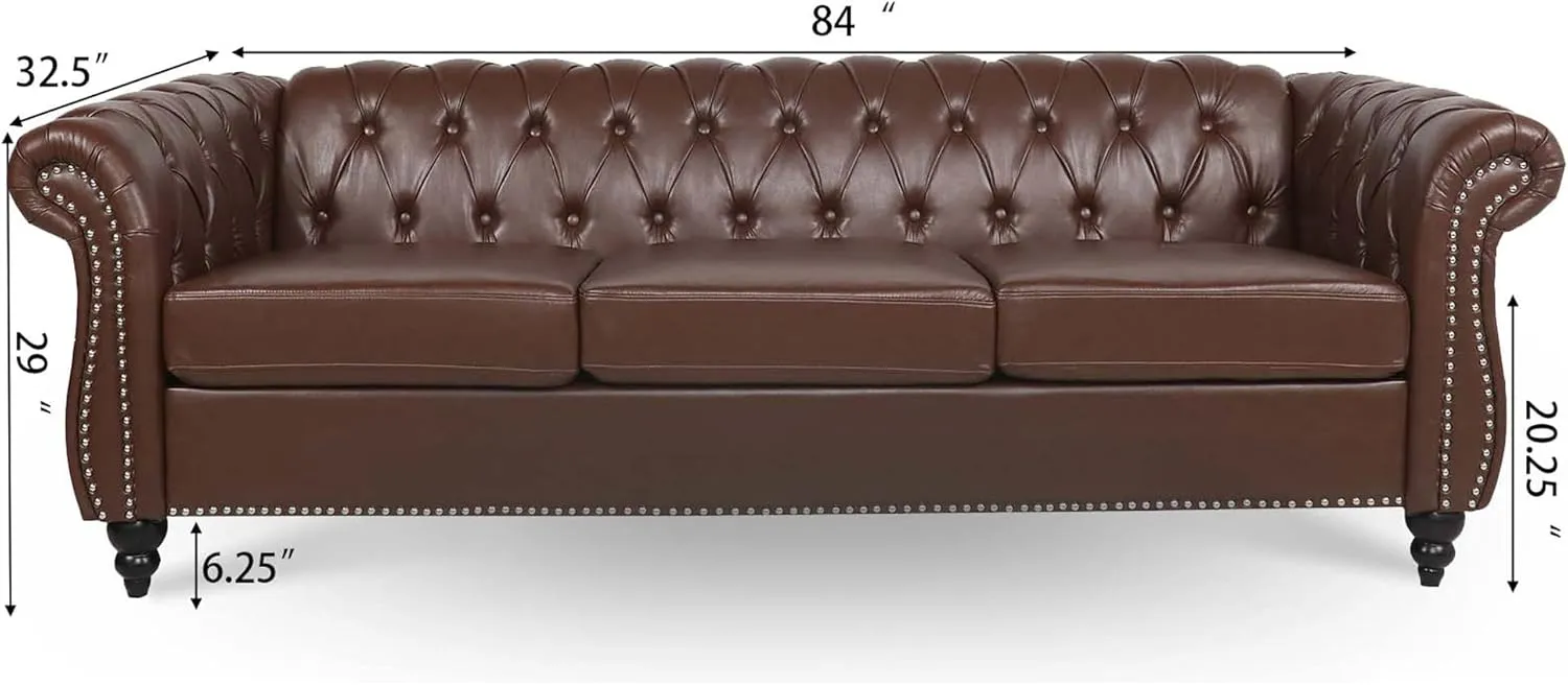 84" PU Rolled Arm Chesterfield 3 Seater Sofa Dark Brown, Mid Century Modern Couch for Small Spaces