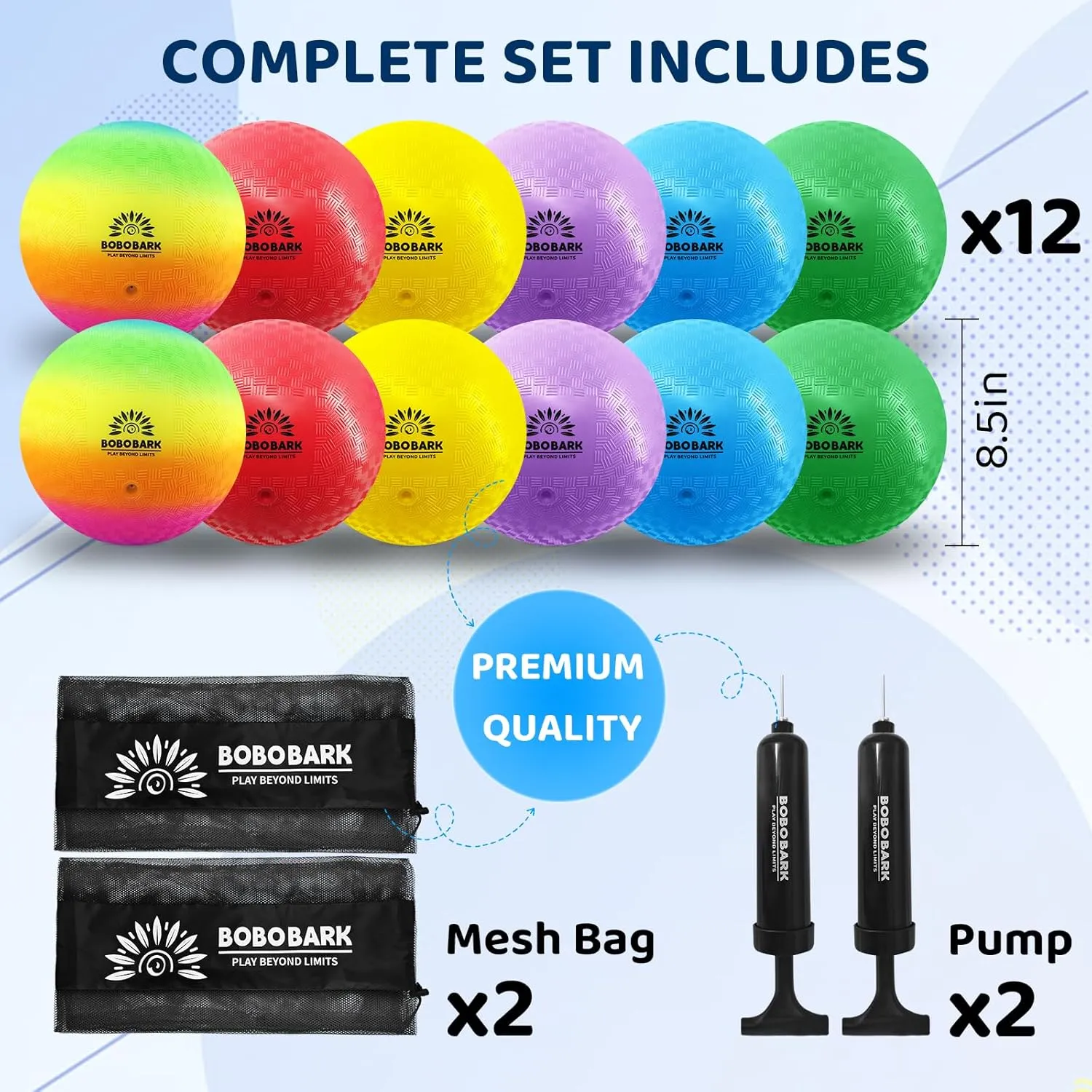 8.5 Inch Playground Balls – 12 Pack Kickball Set for Kids with Pump & Mesh Bag, Soft Dodgeball & Four Square Ball for Schools, PE, Gym, Indoor & Outdoor Games, Birthday Gift & Holiday Present