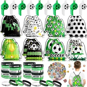 98Pcs Soccer Party Favors, Soccer Drawstring Bags with Silicone Bracelet Soccer Whistles Stickers Soccer Goodie Bags for Soccer Party Decorations Party Supplies