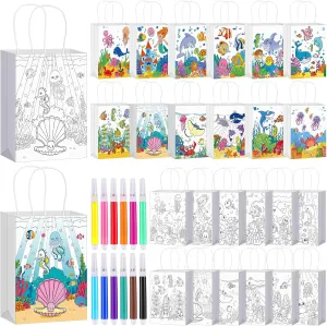 Abbylike 72 Pcs Under The Sea Coloring Bags for Kids with 48 Markers DIY Summer Crafts Paper Ocean Sea Animals Coloring Goodie Bags Party Favor Gifts for Summer Party Supplies Classroom Activities