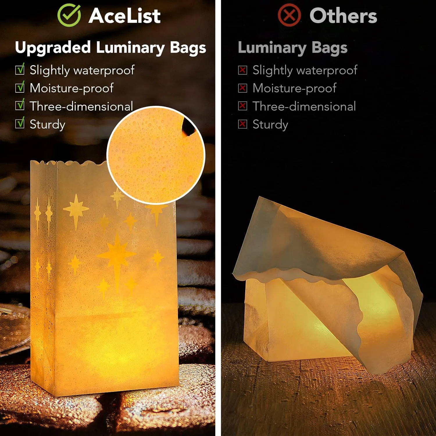 AceList 30 PCS Luminary Bags with 30 PCS Flameless Candles Flickering Tea Lights Candles Battery Operated LED Tea Lights for Wedding Party Valentine's Day, Christmas Decoration - Meteor