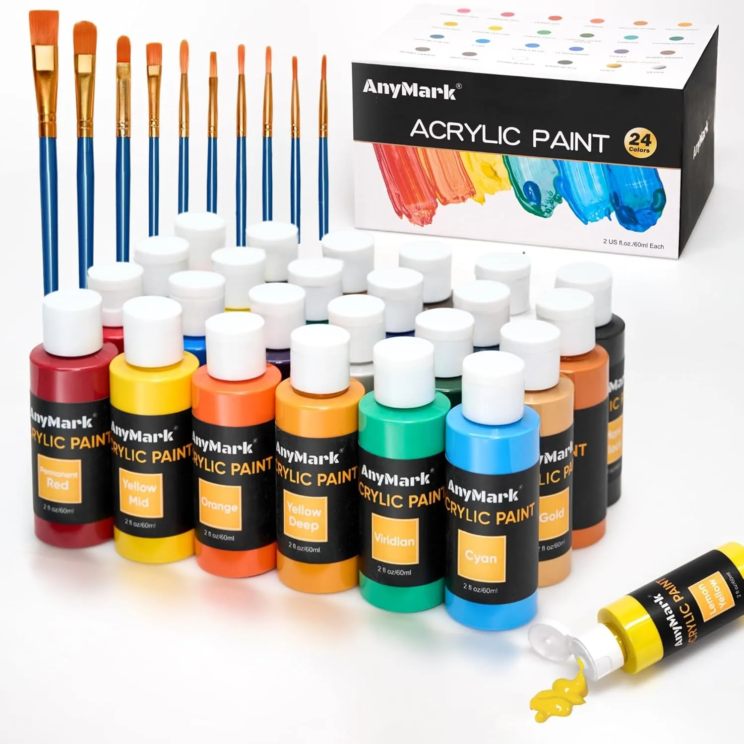Acrylic Paint, 24 Colors Acrylic Paint Set, 2 fl oz/60ml Bottles, Non Toxic Art kit Painting Supplies for Kids Adults Canvas,Rock,Wood
