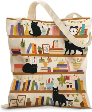 Aesthetic Cat Tote Bag for Women - Cute Feline Print Cotton Canvas Shoulder Bag with Magnetic Snap & Zipper Pocket, Lightweight Stylish Handbag for Daily Use