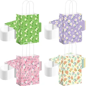 Affrolling 100 Pieces Mother's Day Gift Bags Bulk Spring Flower Treat Goodie Bags with Handle for Happy Mother's Day Floral Tea Party Favor Supplies Decoration