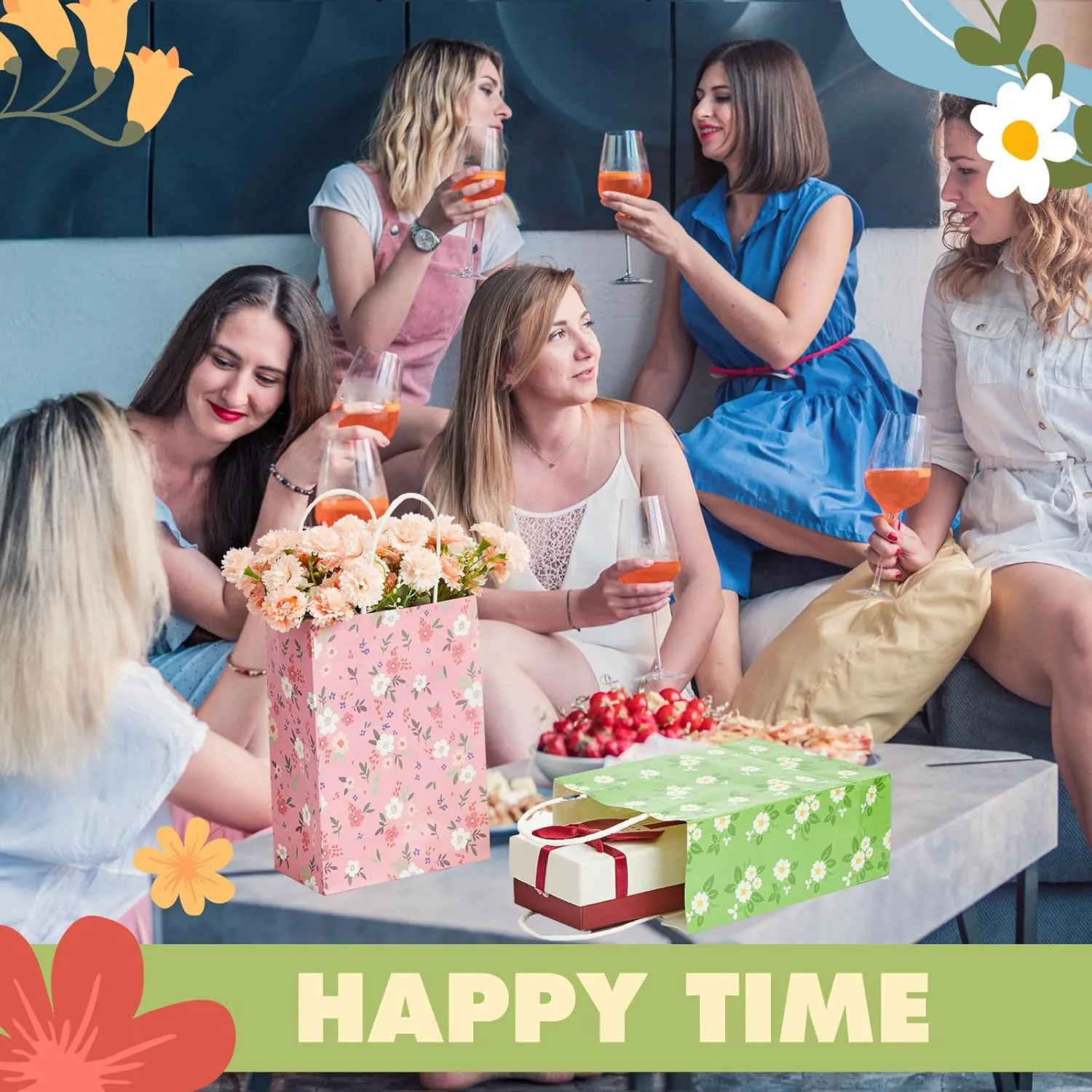 Affrolling 100 Pieces Mother's Day Gift Bags Bulk Spring Flower Treat Goodie Bags with Handle for Happy Mother's Day Floral Tea Party Favor Supplies Decoration