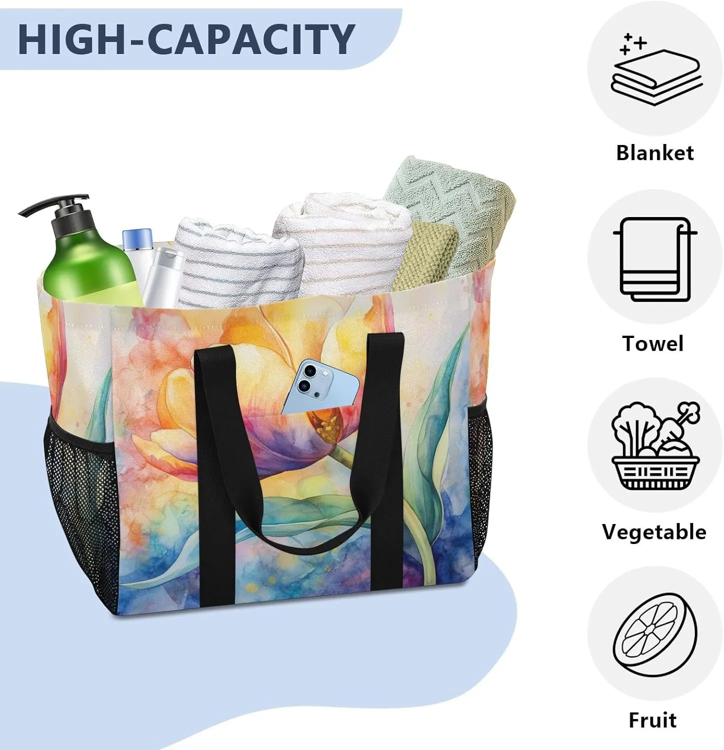 ALAZA Watercolor Colorful Tulips Waterproof Beach Tote Bags