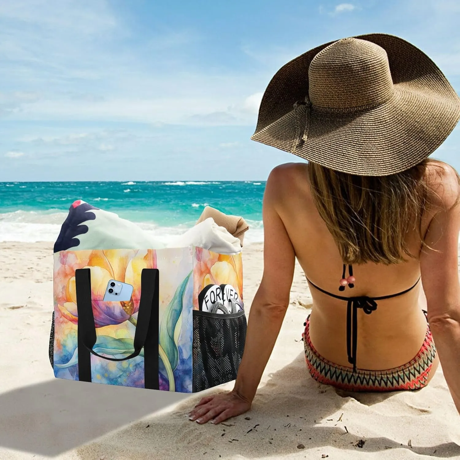 ALAZA Watercolor Colorful Tulips Waterproof Beach Tote Bags