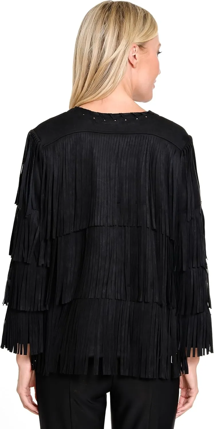 Ali Miles Women's Faux Knit Suede Jacket Fringe Detail Long Sleeve