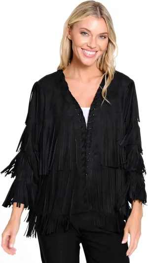 Ali Miles Women's Faux Knit Suede Jacket Fringe Detail Long Sleeve