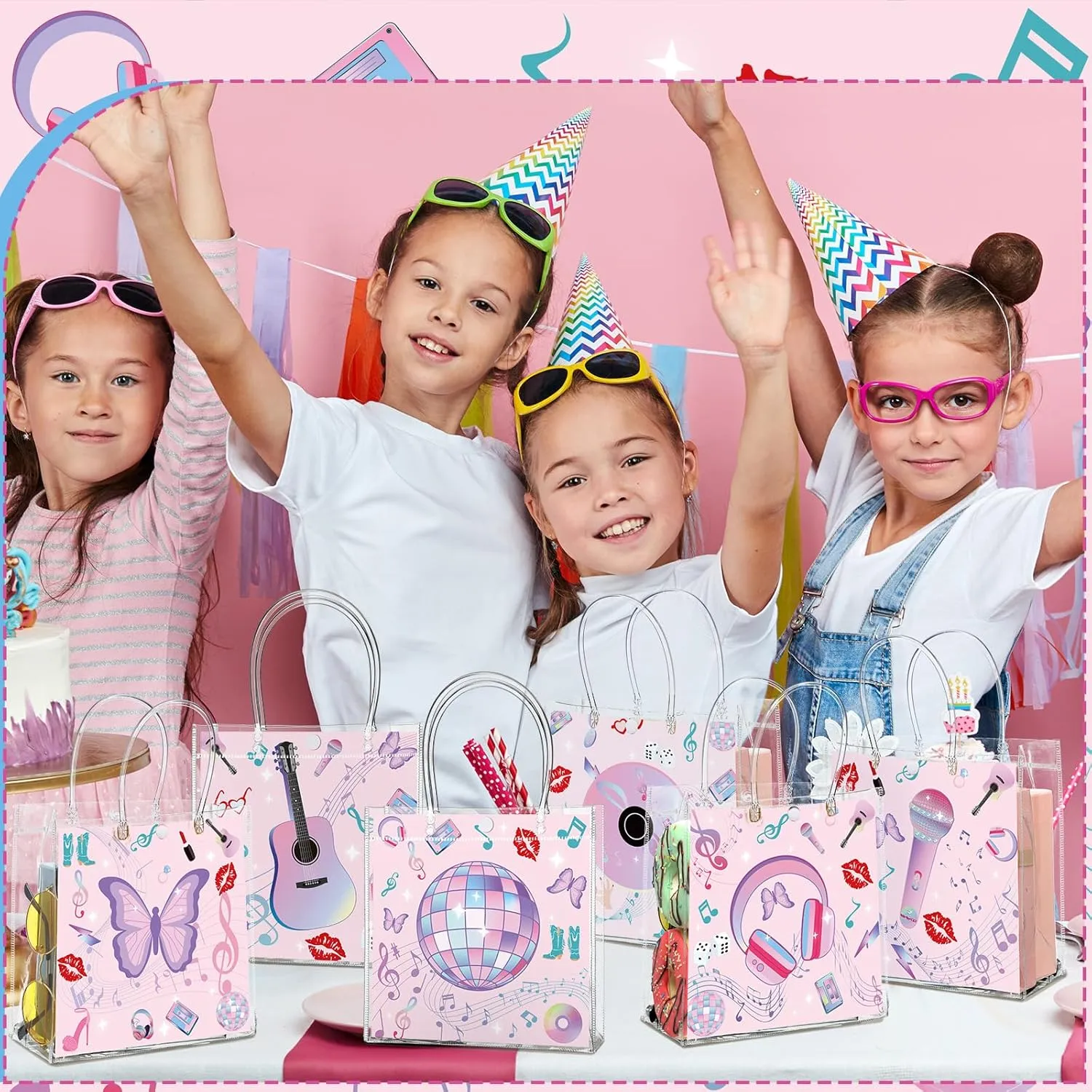 Aliceset 24 Pcs Music Party Gift Bags with Handle Clear PVC Candy Treat Goodies Tote Bags for Bachelor Girl Birthday Party Favor Supplies