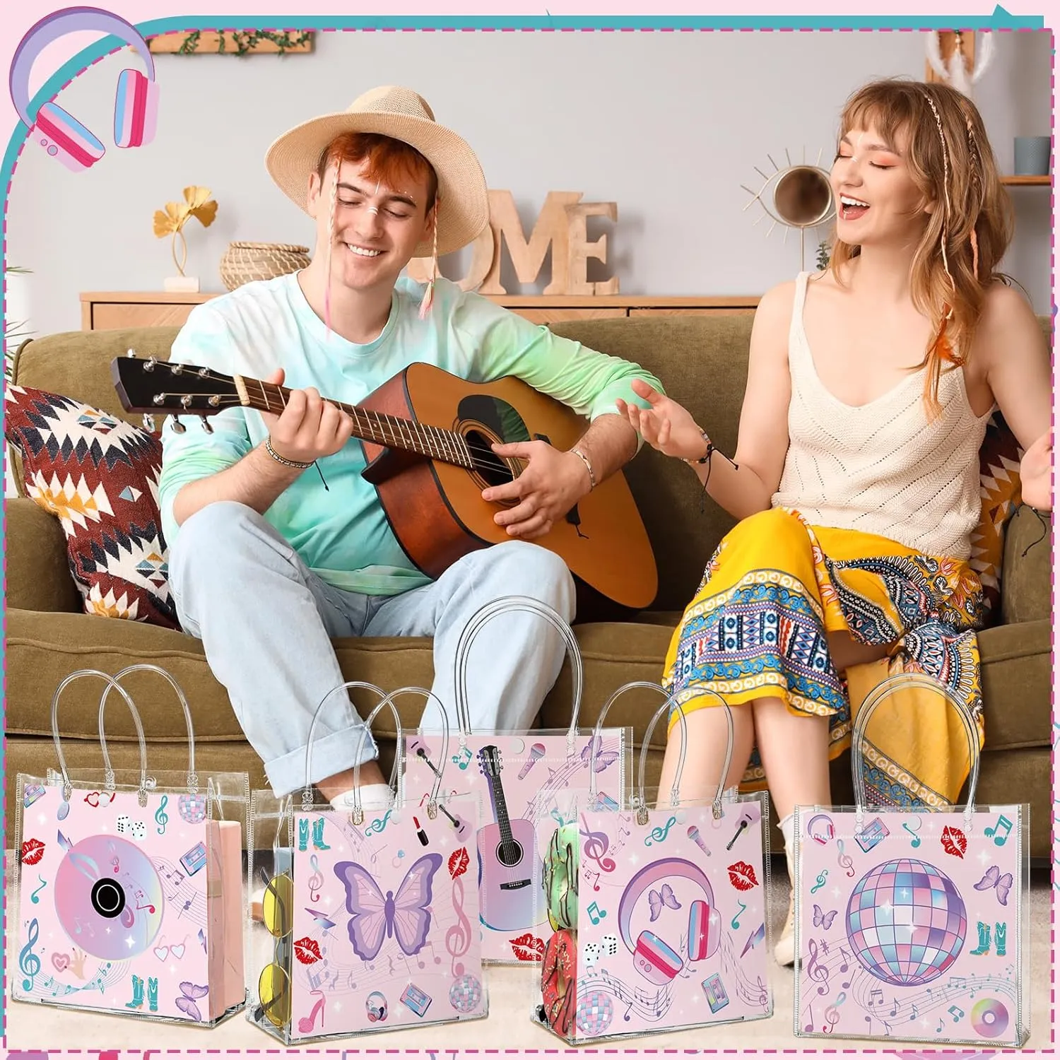 Aliceset 24 Pcs Music Party Gift Bags with Handle Clear PVC Candy Treat Goodies Tote Bags for Bachelor Girl Birthday Party Favor Supplies