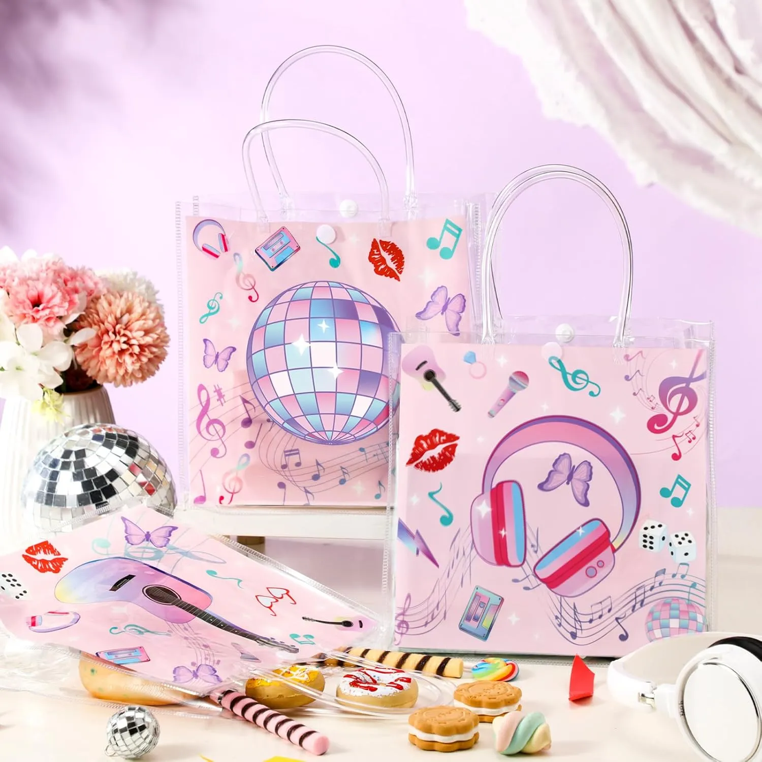 Aliceset 24 Pcs Music Party Gift Bags with Handle Clear PVC Candy Treat Goodies Tote Bags for Bachelor Girl Birthday Party Favor Supplies