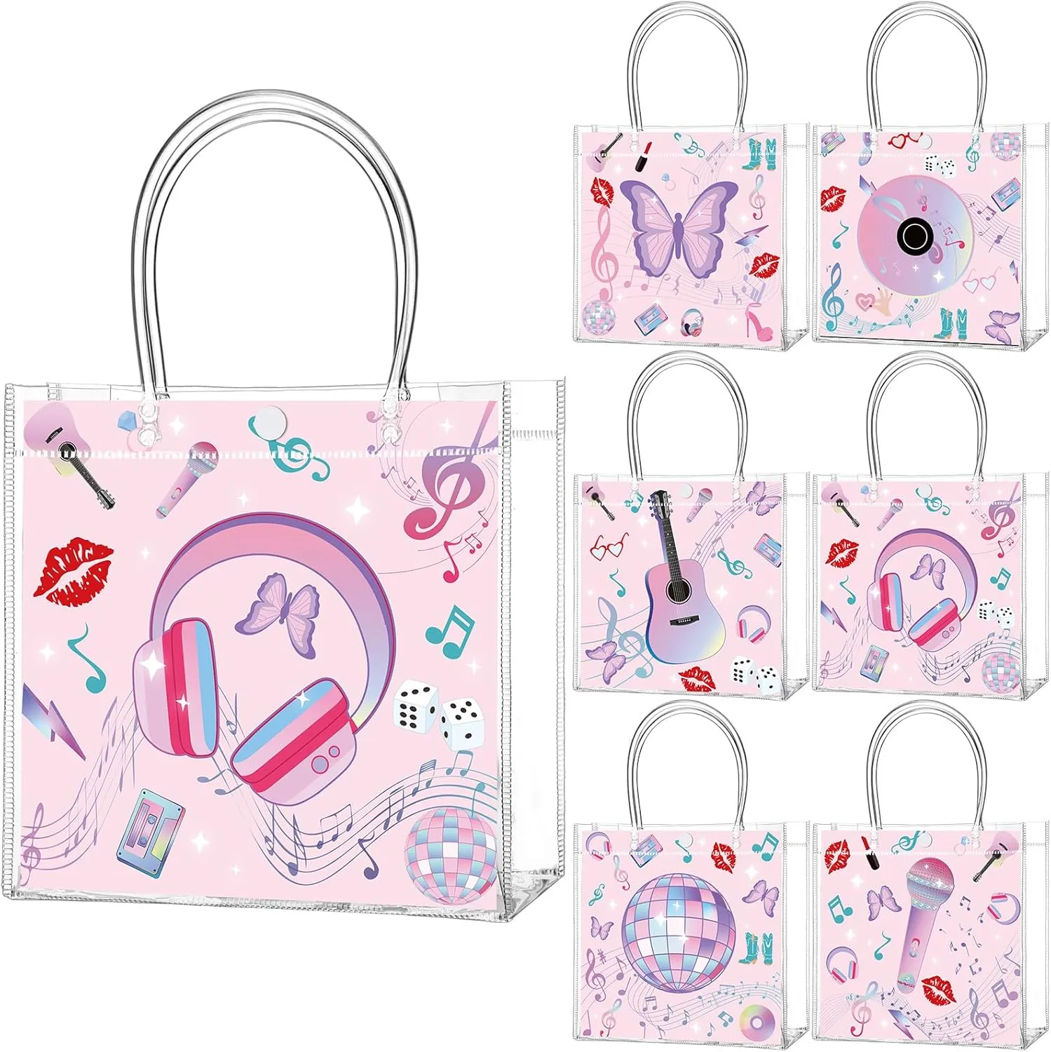 Aliceset 24 Pcs Music Party Gift Bags with Handle Clear PVC Candy Treat Goodies Tote Bags for Bachelor Girl Birthday Party Favor Supplies