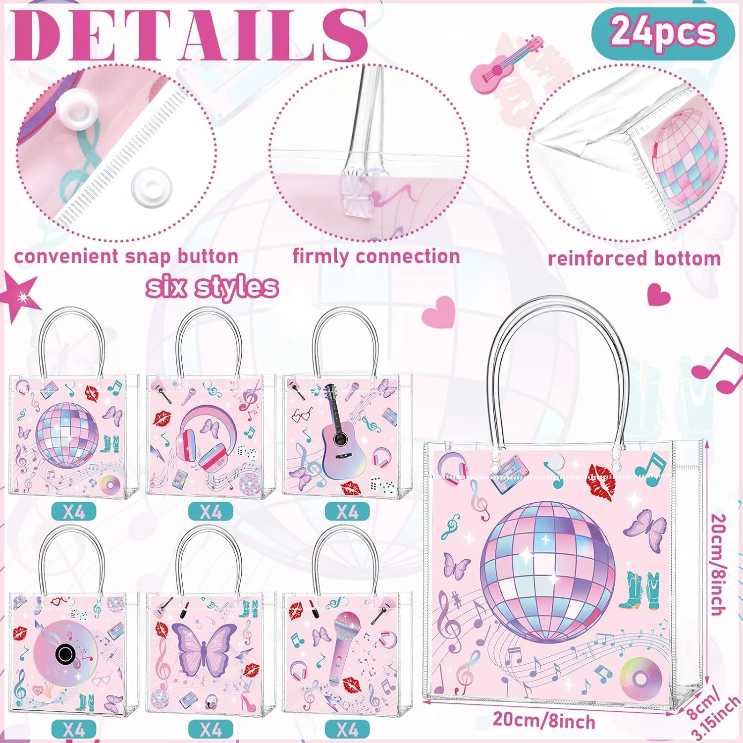 Aliceset 24 Pcs Music Party Gift Bags with Handle Clear PVC Candy Treat Goodies Tote Bags for Bachelor Girl Birthday Party Favor Supplies