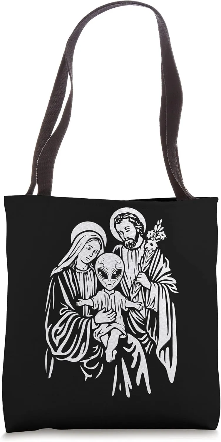 Alien Baby Jesus, Mary And Joseph Attend Pagan Atheist Party Tote Bag