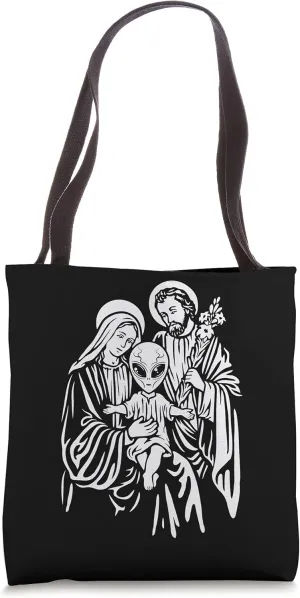 Alien Baby Jesus, Mary And Joseph Attend Pagan Atheist Party Tote Bag