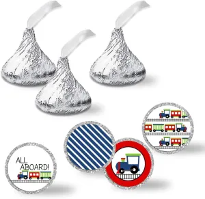 All Aboard Train Themed Birthday Party Kiss Sticker Labels for Boys, 300 Party Circle Sticker sized 0.75* * for Chocolate Drop Kisses by AmandaCreation, Great for Party Favors, Envelope Seals &