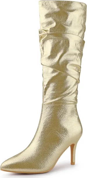Allegra K Women's Pointed Toe Slouch Stiletto Heels Knee High Boots