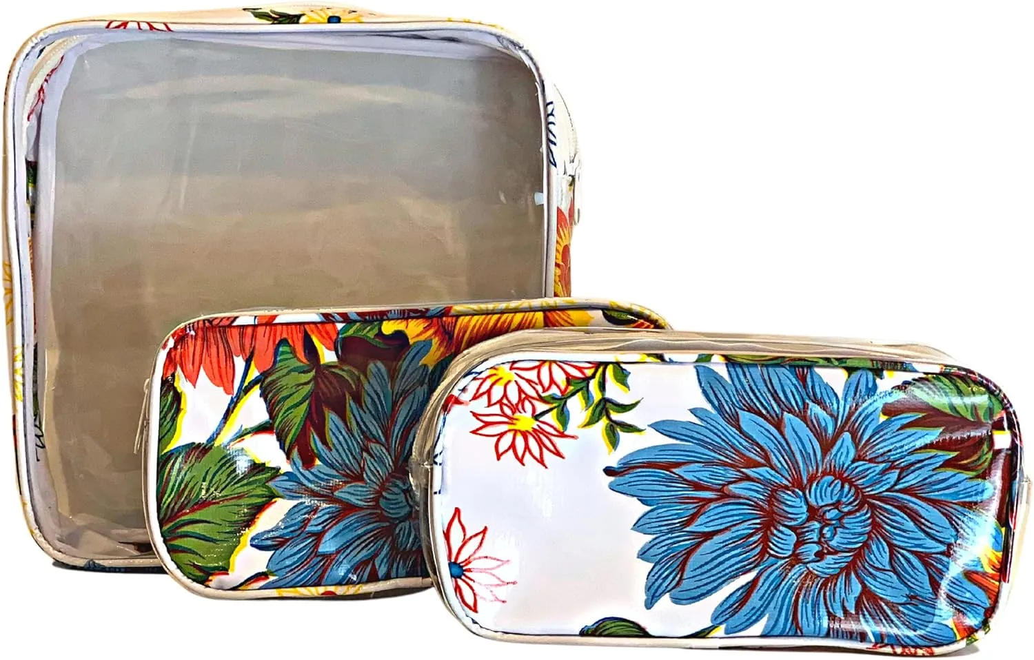 Alux 3-Pc Travel Makeup Bags for Women; Multi-Color, Chic and Stylish Travel Toiletry Bag Set; Large and Medium Makeup Bags for Vanity and Luggage and Small Makeup Bag for Purse - Chrysanthemums White